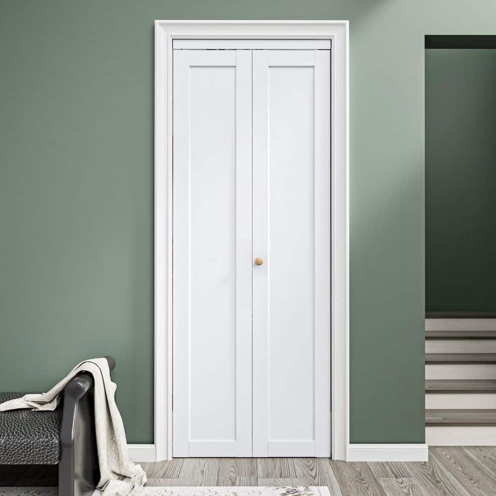 32 in. x 80 in. 1-Lite Solid Core Panel White Primed Composite MDF Interior Closet Bi-Fold Door with Hardware Kit