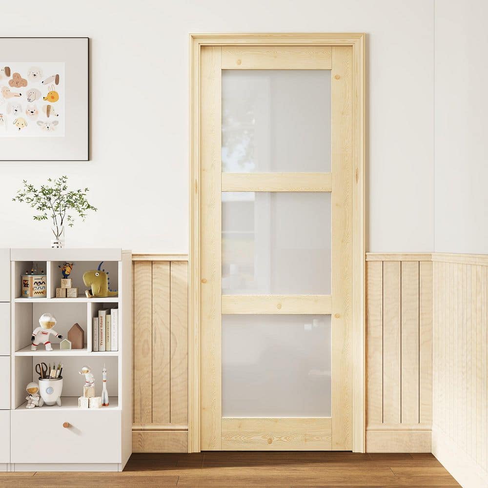 32 in. x 80 in. 3 Lite Frosted Glass Solid Core Unfinished Pine Wood Pre-Assembled Multi-Usage Interior Door Slab