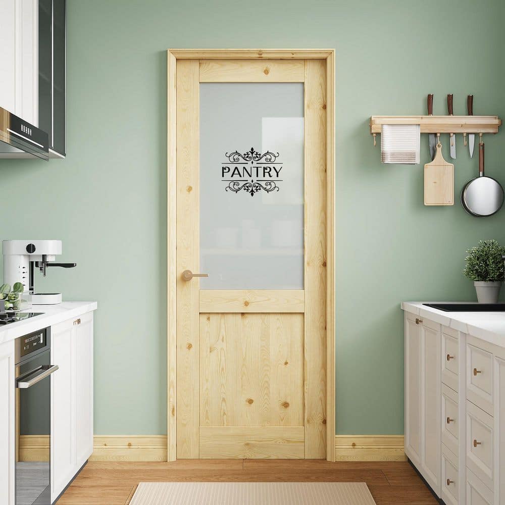 32 in. x 80 in. Solid Core 1/2-Lite Frosted Glass Pine Unfinished Interior Door Slab with Pantry Sticker w/o Hardware