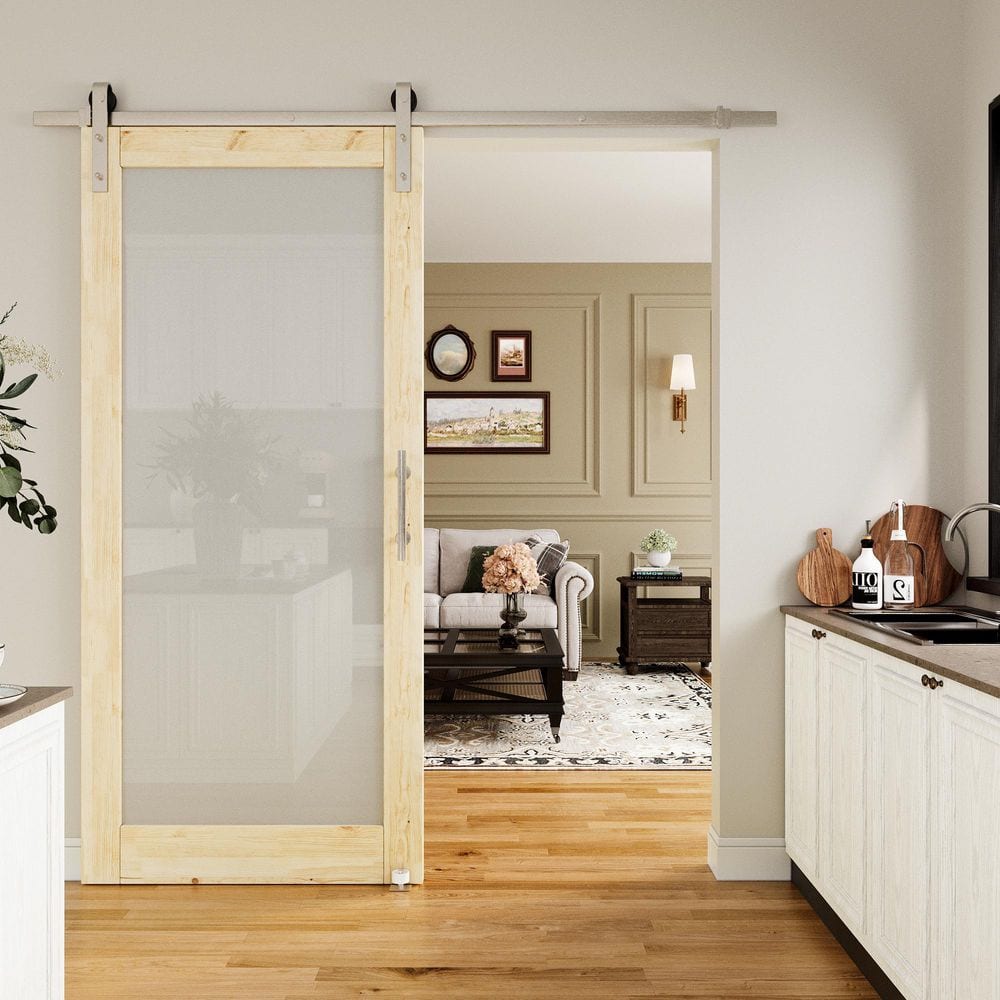 36 in. x 80 in. 1-Lite Frosted Glass Unfinished Solid Pine Wood Sliding Barn Door with Hardware Kit Nickel Plated