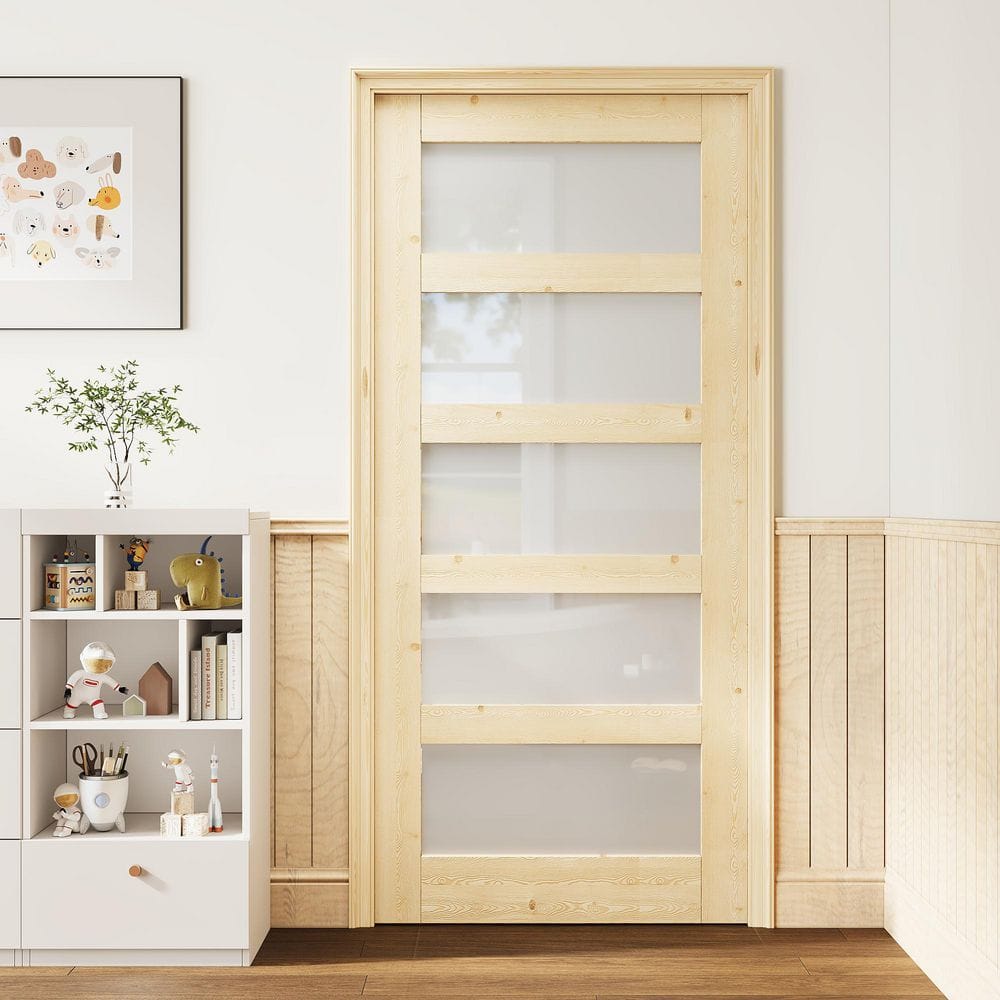 36 in. x 80 in. Solid Core 5-Lite Frosted Glass Unfinished Pine Wood Pre-Assembled Interior Door Slab without Hardware
