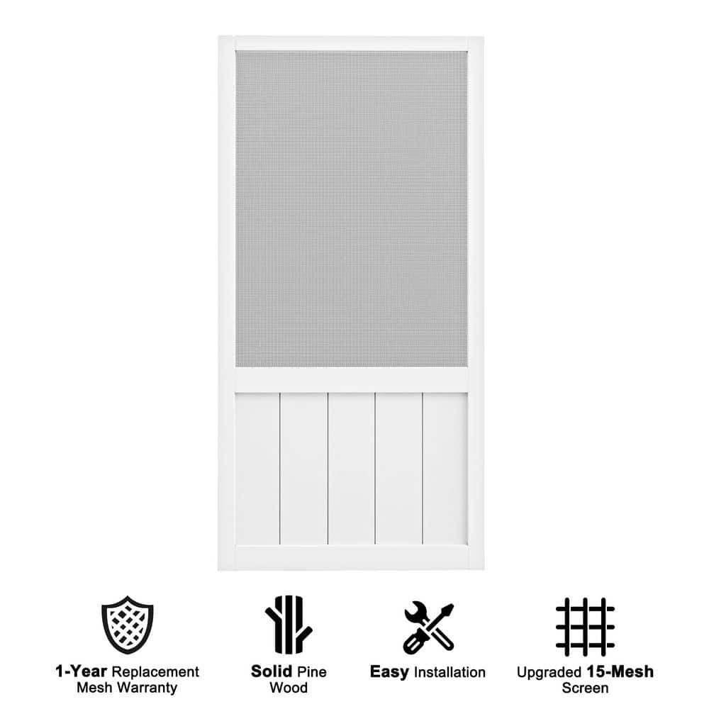 36 in. x 80 in. Universal Primed White Pine Wood Vertical Slat Screen Door-Classic 5-Bar Style Gauze Mesh Hinged Door