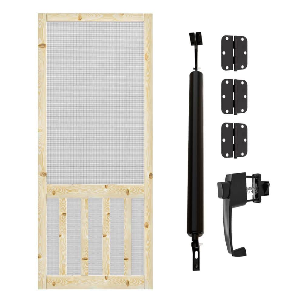 36 in. x 80 in. Universal Unfinished Pine 5-Bar Screen Door with Lock, Door Closer and Gauze Mesh-Hinged Design