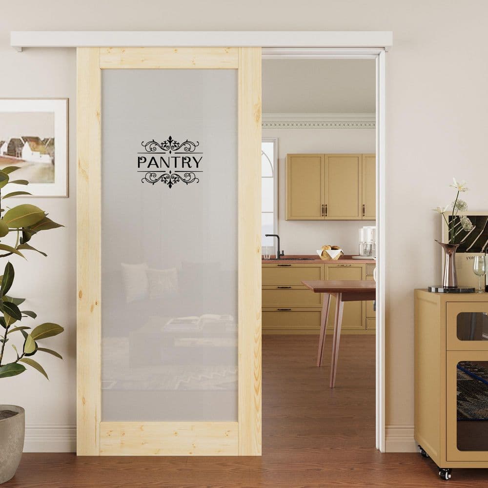 36 in.x 80 in. Hidden Track Style 1 Lite Frosted Glass Unfinished MDF Sliding Barn Door with Hardware Kit&Pantry Sticker