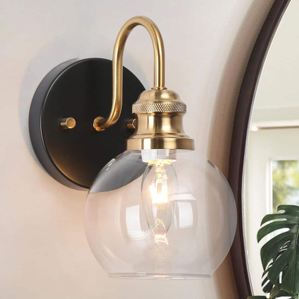 5 in. Modern Mid-century Wall Sconce Lighting, 1-Light Black/Brass Bathroom Vanity Light, Globe Clear Glass Wall Light