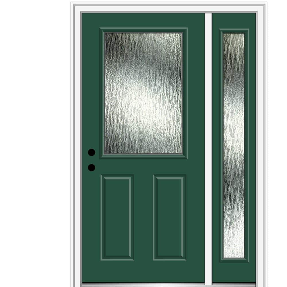 50 in. x 80 in. Right-Hand Inswing Rain Glass Hunter Green Fiberglass Prehung Front Door on 6-9/16 in. Frame