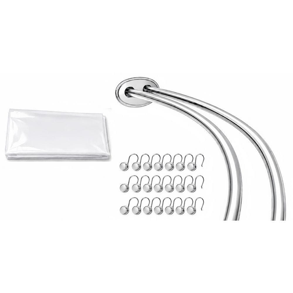 72 in. Rustproof Aluminum Double Curved Shower Rod Combo, Wall Mounted, with Liner and Hooks, 8 in. Extra Space, Chrome