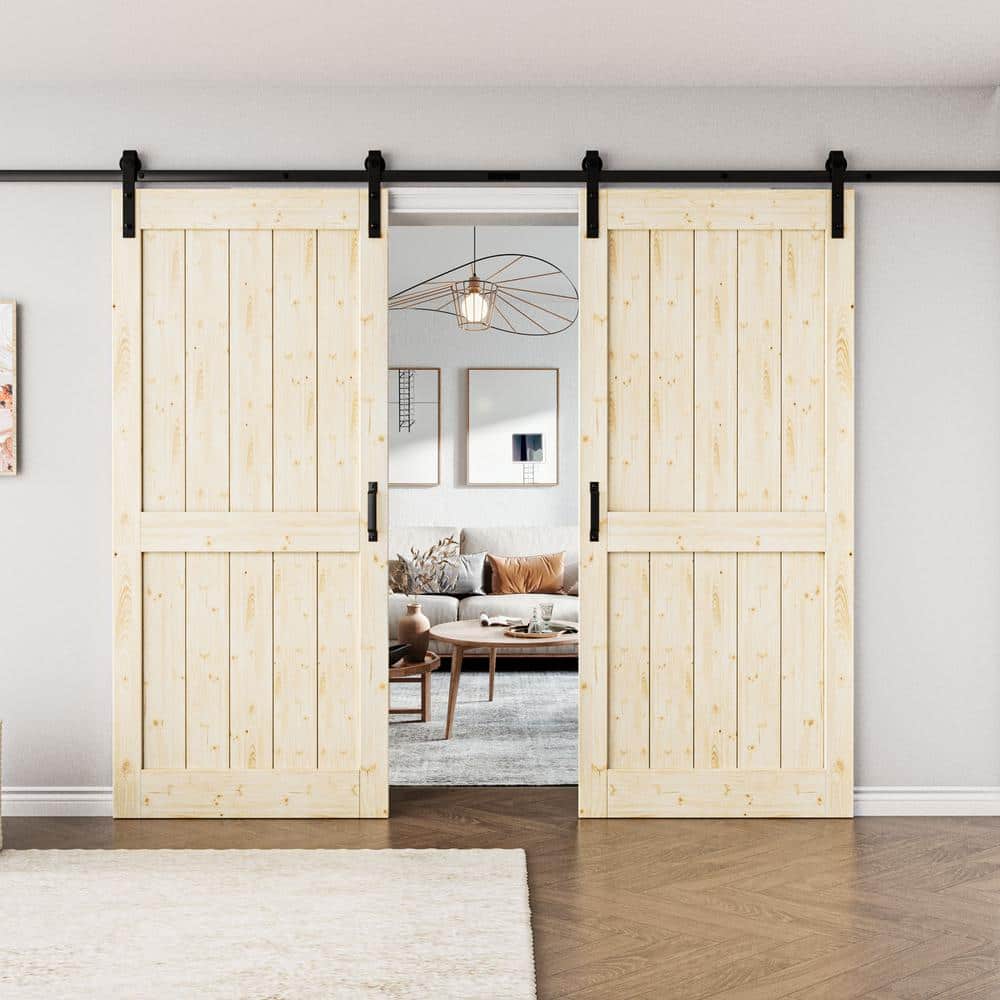 72 in. x 84 in. Paneled H Solid Core Pine Unfinished Wood Sliding Assembly Required Barn Door Slab with Hardware Kit