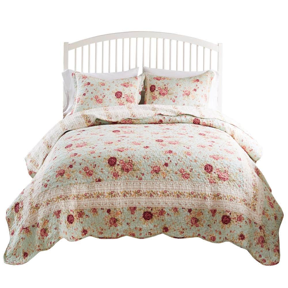 Antique Rose Traditional Floral Blue 2-Piece Cotton Twin/Twin XL Quilt Set