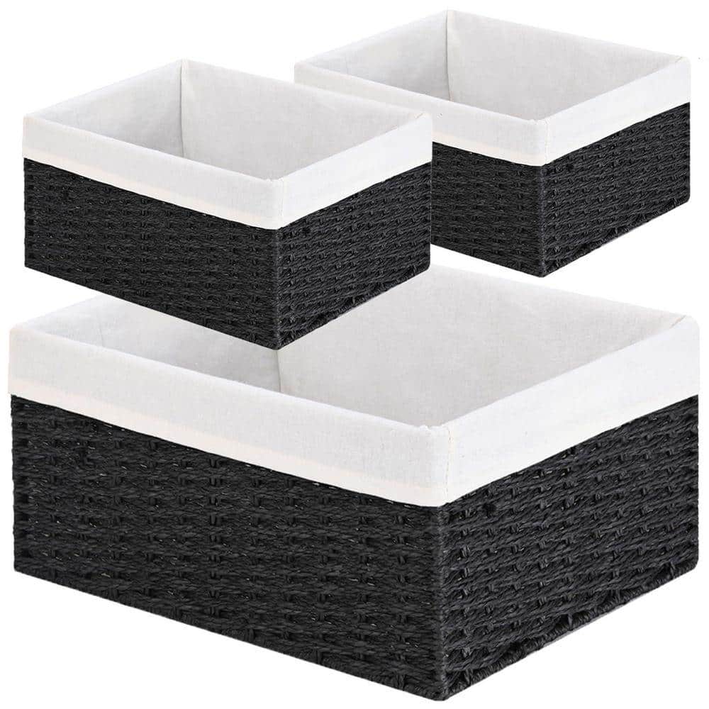 Black 15 in. x 7 in. Paper Rope Decorative Basket with Handles and Liner - Boho-Style Storage Basket (Set of 3)