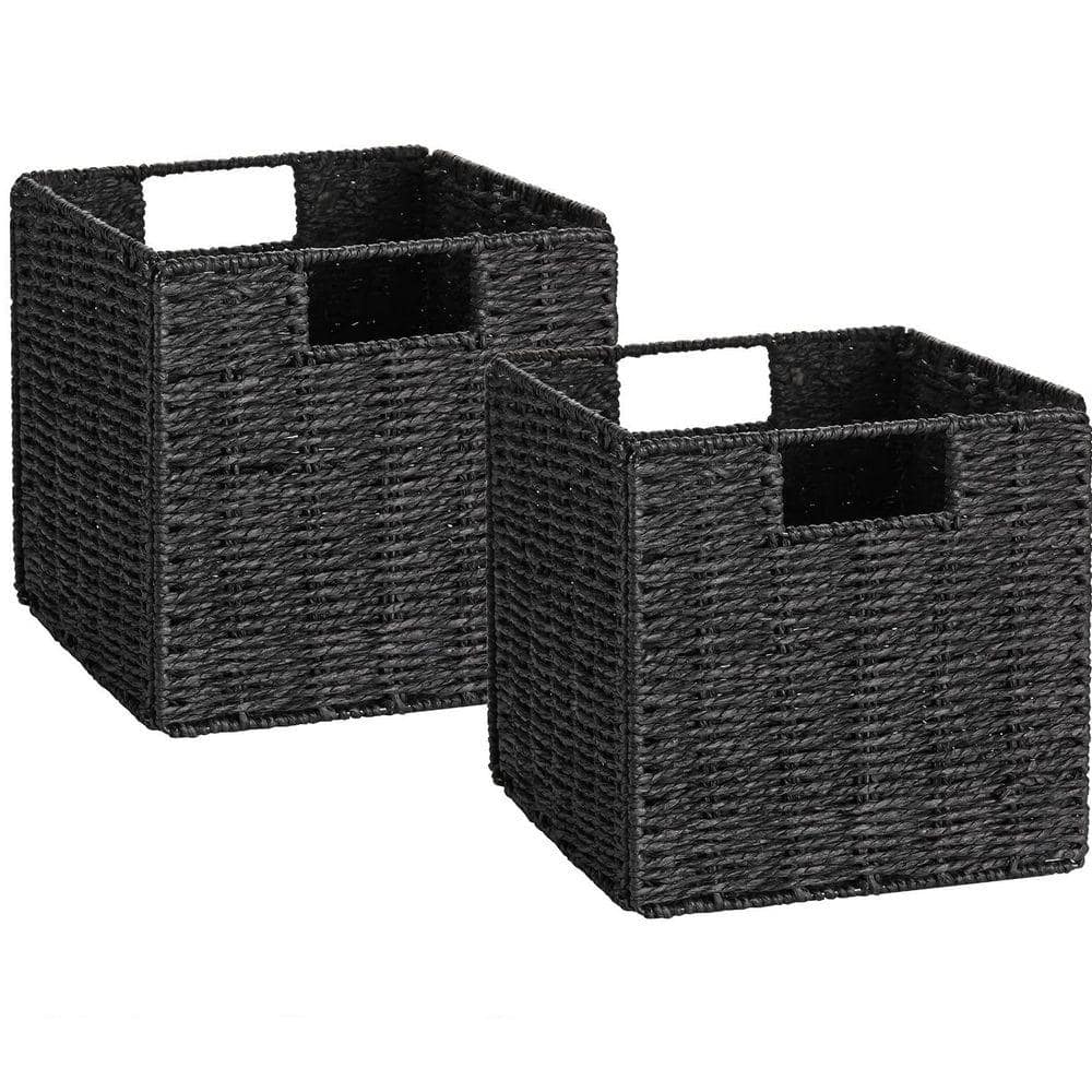 Black 9 in. x 9 in. Woven Paper Rope Decorative Storage Basket - Hand-Woven, with Handles, Collapsible Decorative Basket
