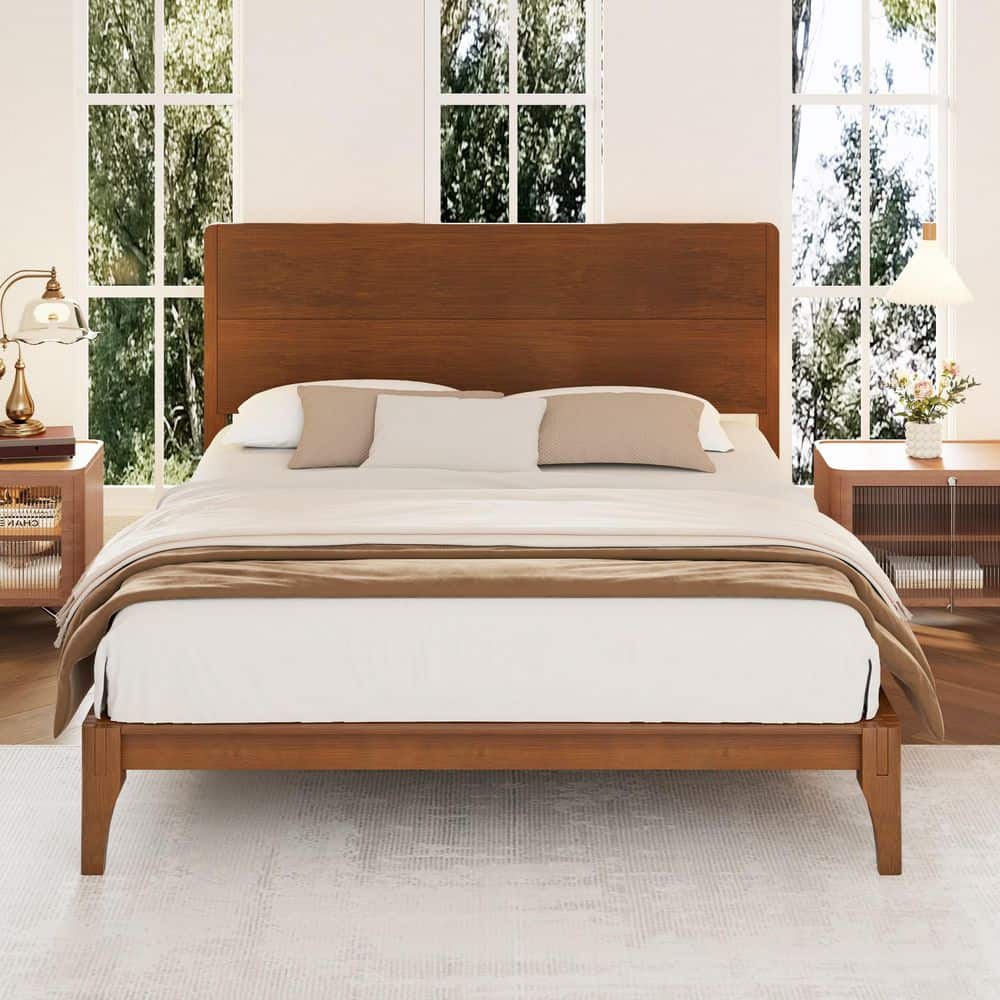 Brown Modern Bamboo Frame King Size Platform Bed with Wood Slat Metal Support