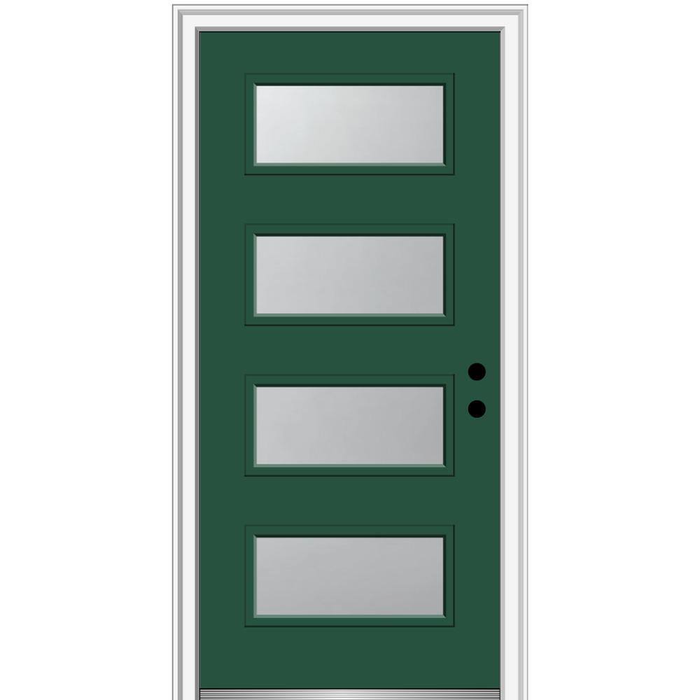 Celeste 32 in. x 80 in. Left-Hand Inswing 4-Lite Frosted Glass Green Steel Prehung Front Door on 4-9/16 in. Frame