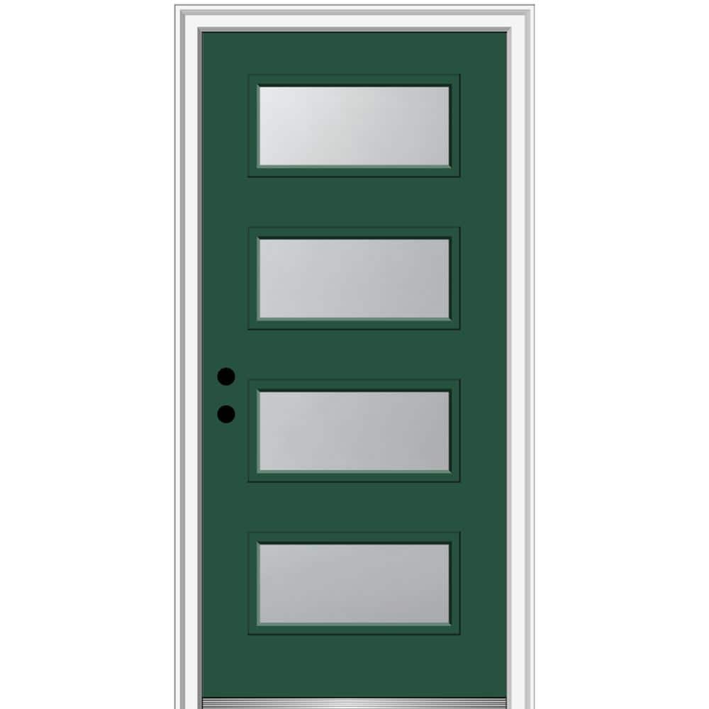 Celeste 32 in. x 80 in. Right-Hand Inswing 4-Lite Frosted Glass Green Steel Prehung Front Door on 4-9/16 in. Frame