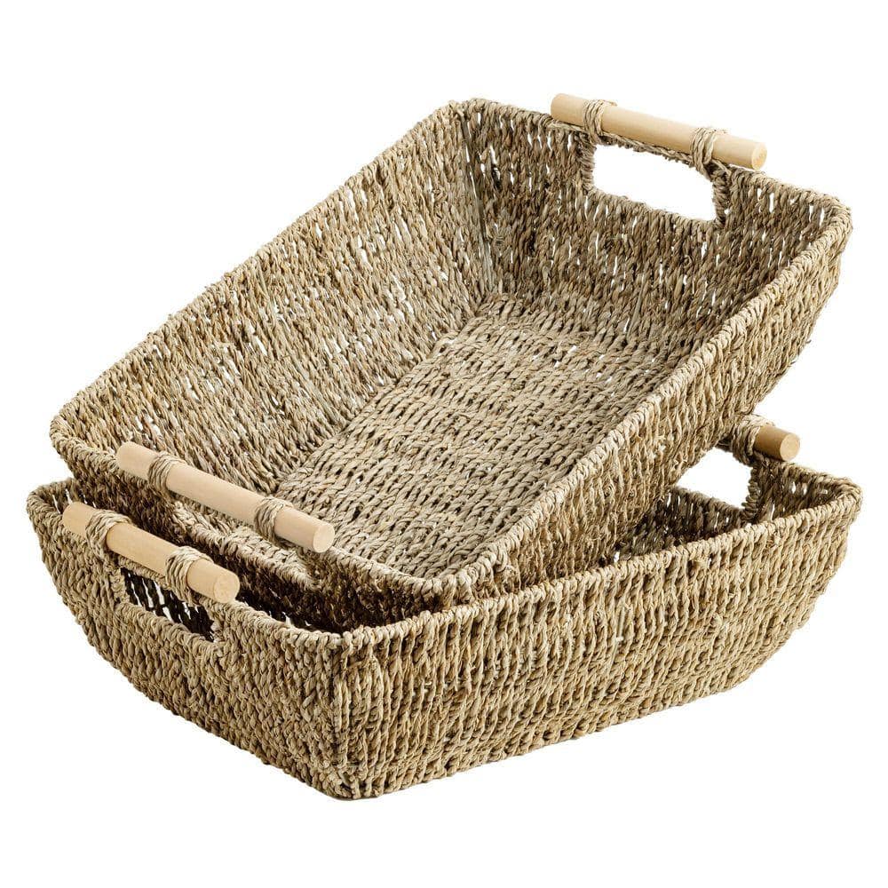 Light Brown 17.25 in. x 6 in. Water Hyacinth Wicker Woven Decorative Baskets with Wooden Handles (Set of 2)