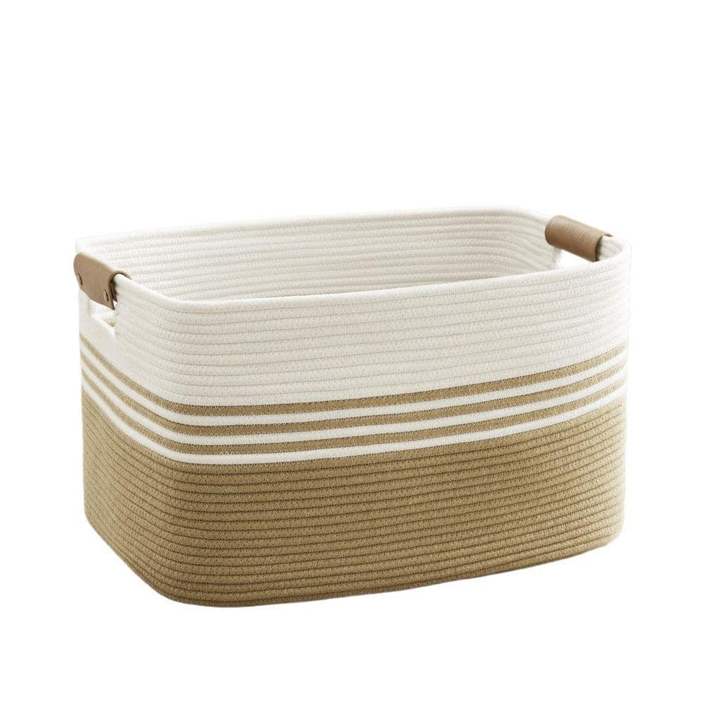 Light Brown 21.7 in. x 11.8 in. Cotton Decorative Basket, Leather Handle, 72L Large Capacity, Boho-Style Storage Basket