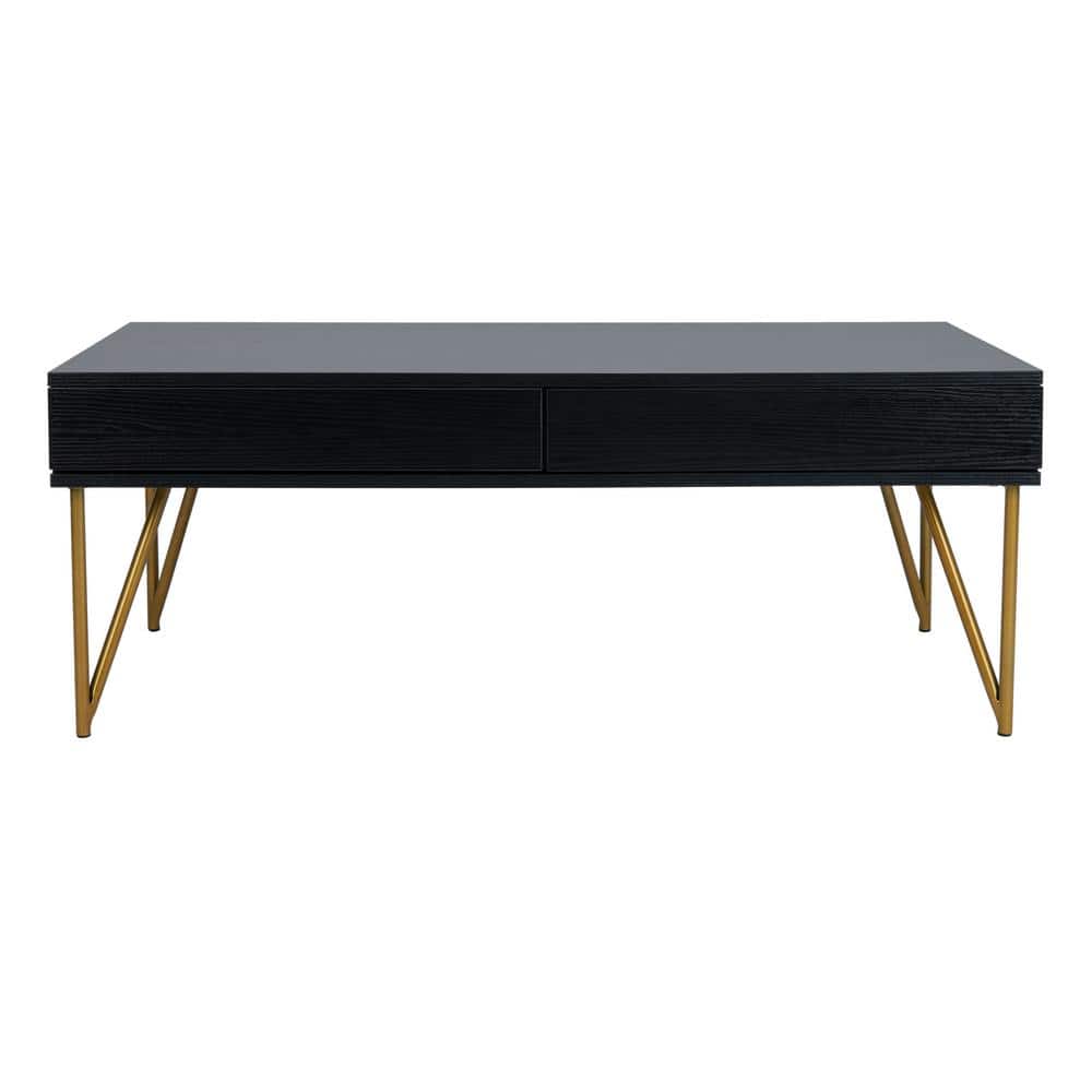 Pine 43.3 in. Black/Gold Rectangle Wood Coffee Table with 2-Drawer