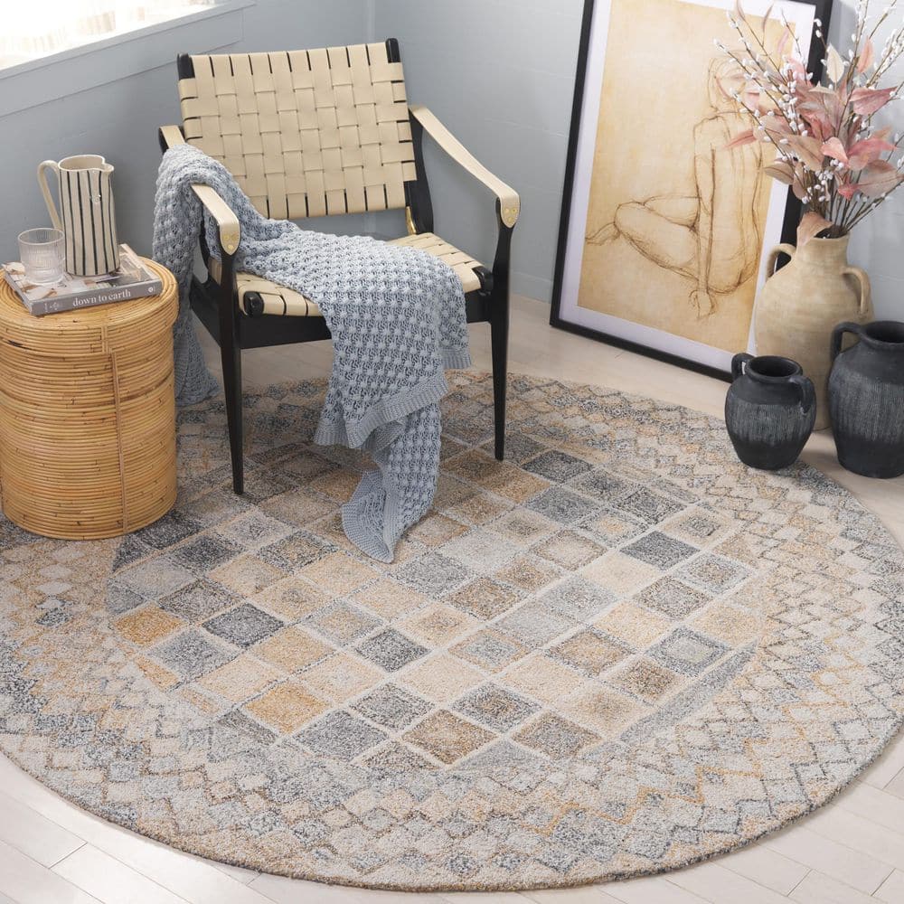 Renewal 6 ft. x 6 ft. Beige/Gray Geometric Diamond Round Area Rug