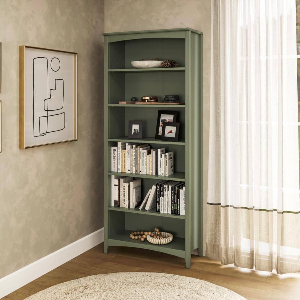 Shaker 72 in. Tall Sage Green Solid Wood 6-Shelf Standard Bookcase with Adjustable Shelves, Closed Back