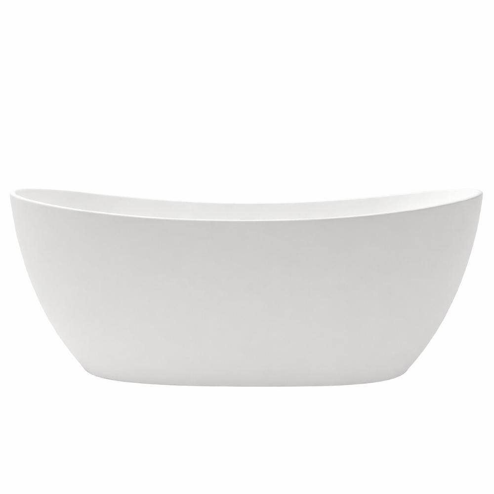 Stivier 63 in. Solid Surface Center Drain Freestanding Flat Bottom Soaking Bathtub in Matte White