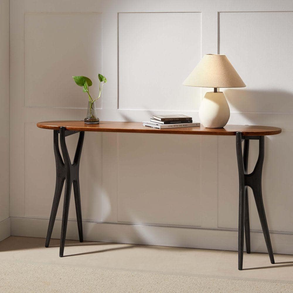 Trinity 15 in. Copper and Charcoal Oval Bamboo Wood Console Table