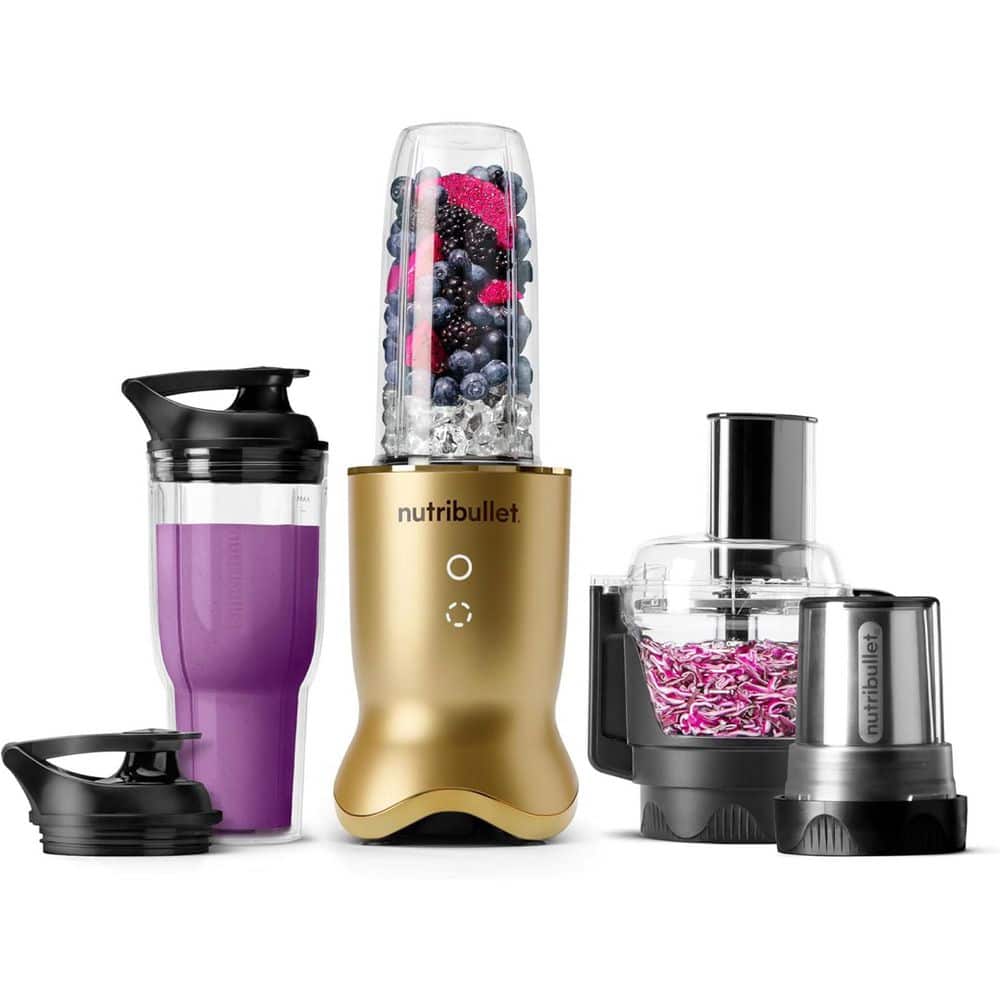 Ultra Plus Kitchen System, 32 oz. and 24 oz. Blending Cups, 2-Cup Food Processor, Single Speed, Brass Blender