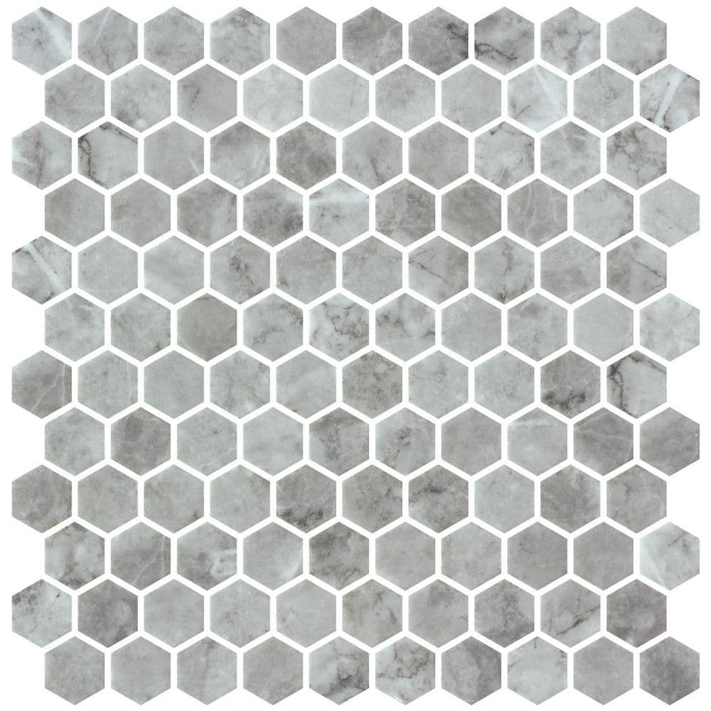 Vargal Keir Gray 1-in. x 1-in. Honeycomb Marble Look Glass Hexagon Wall and Floor Mosaic Tile Sample