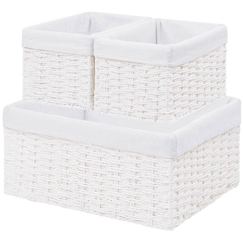 White 15 in. x 7 in. Paper Rope Decorative Basket with Handles and Liner - Boho-Style Storage Basket (Set of 3)